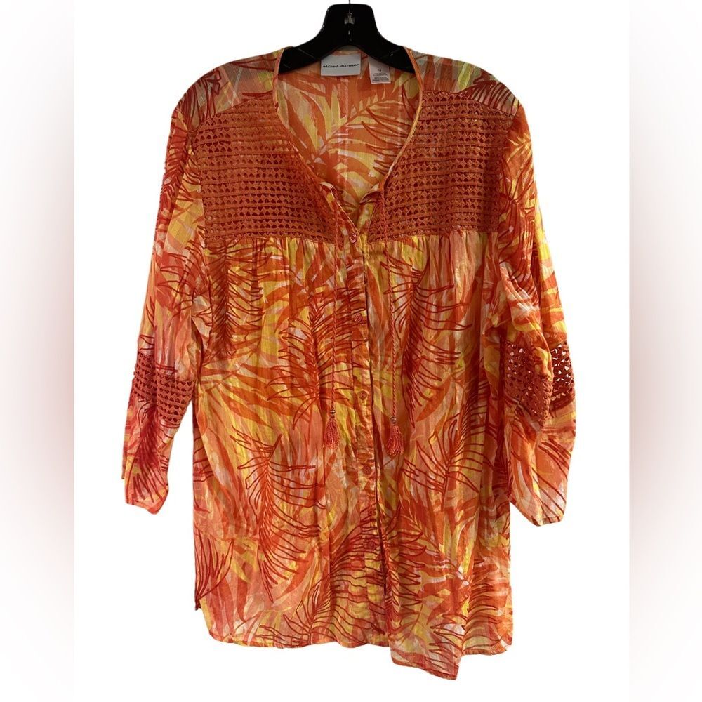 Alfred Dunner Orange Print Crochet Tassel Top Size 18